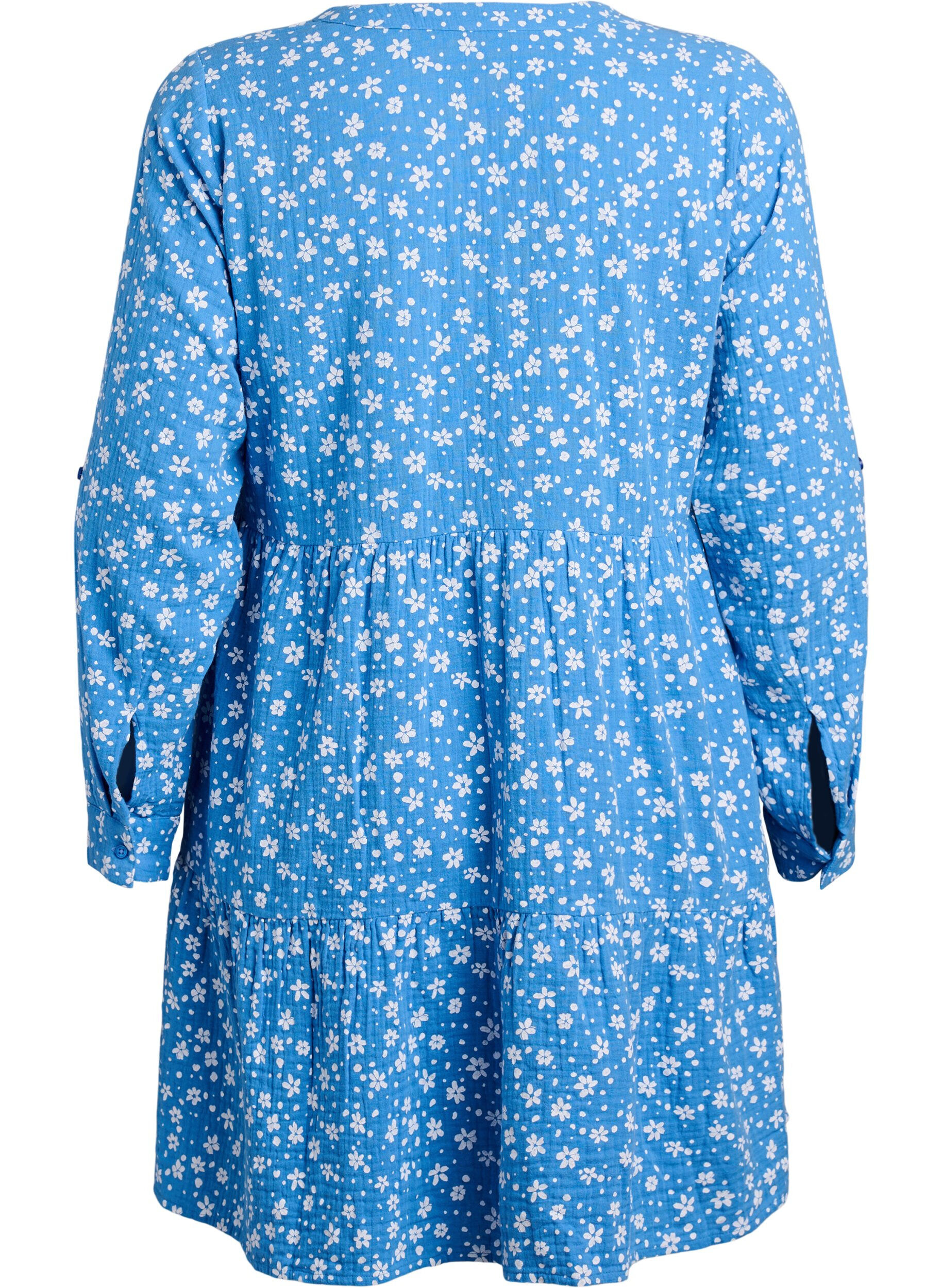 Zizzi Kurzes Kleid aus gemustertem Baumwoll-Musselin, Blau, Packshot image number 1