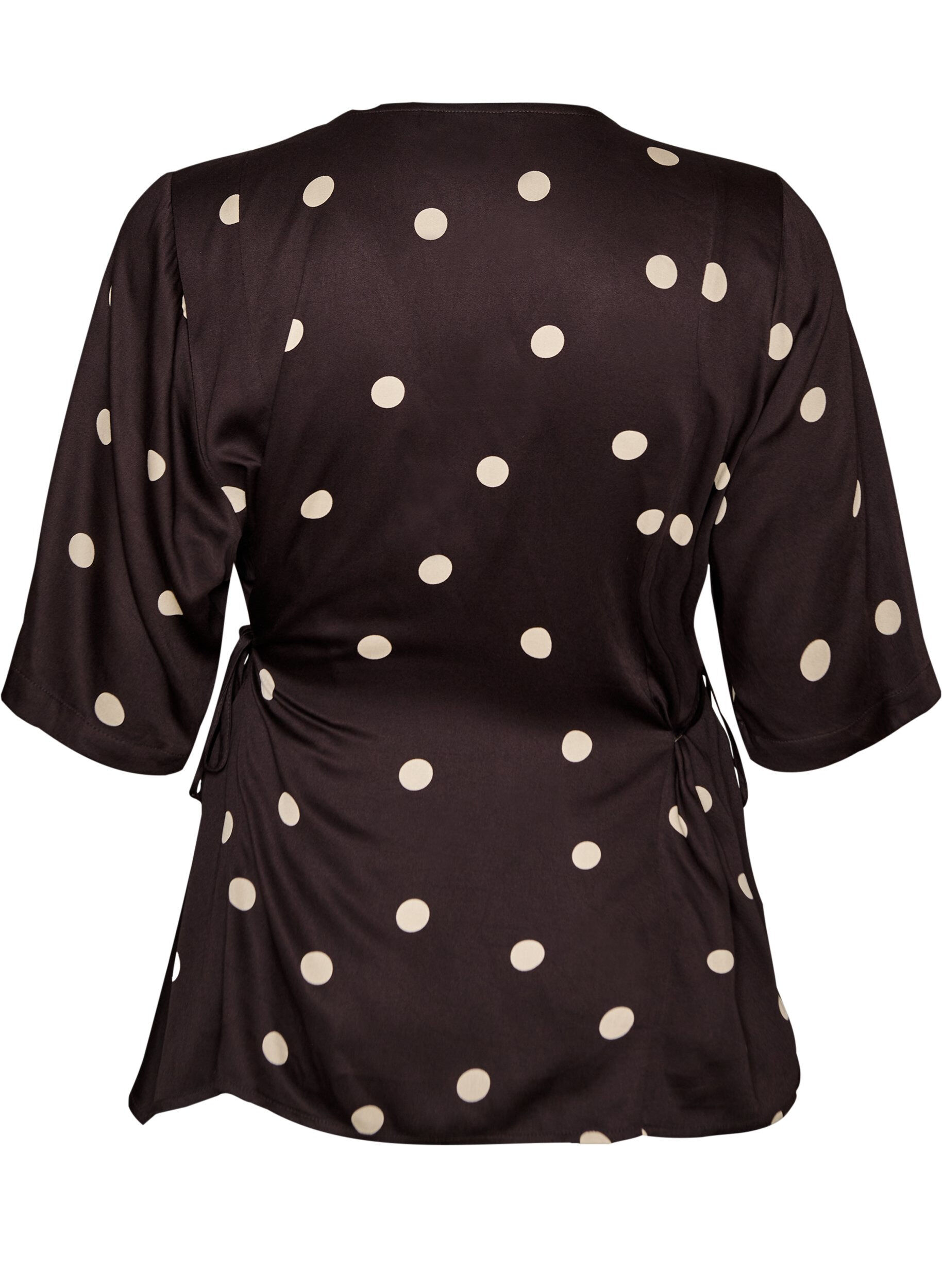 ZizziGepunktete Bluse aus Viskose mit V-Ausschnitt und Bindeband, Braun, Packshot image number 1