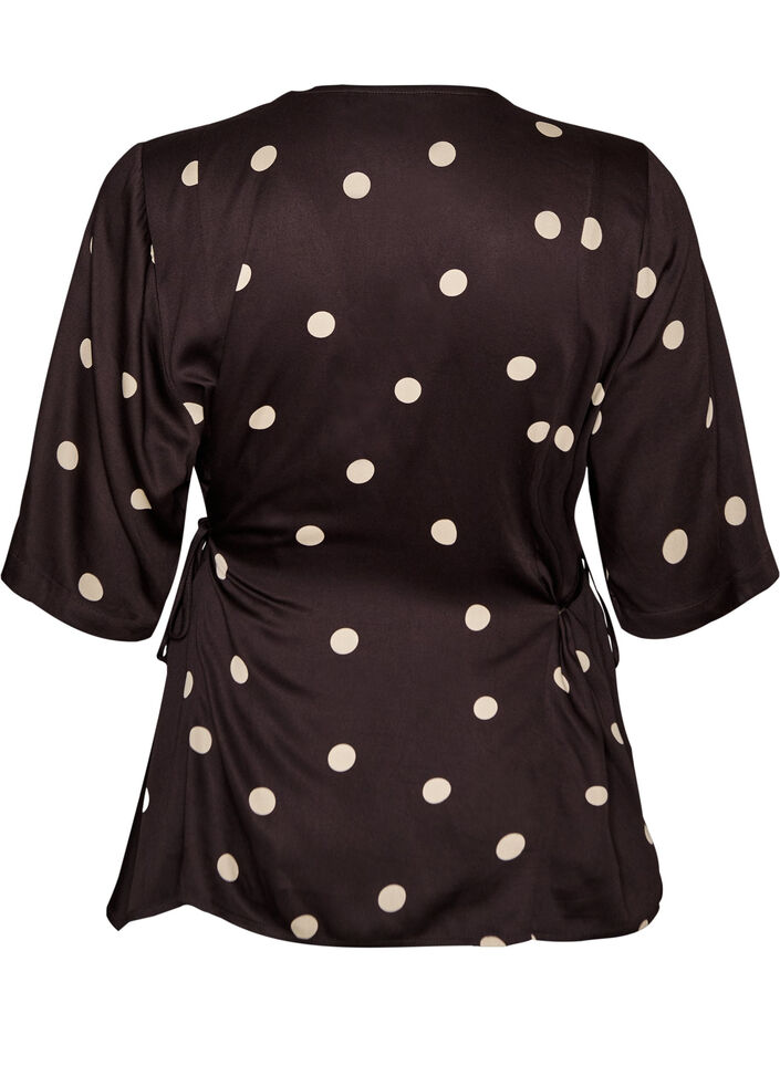 Gepunktete Bluse aus Viskose mit V-Ausschnitt und Bindeband, Braun, Packshot image number 1