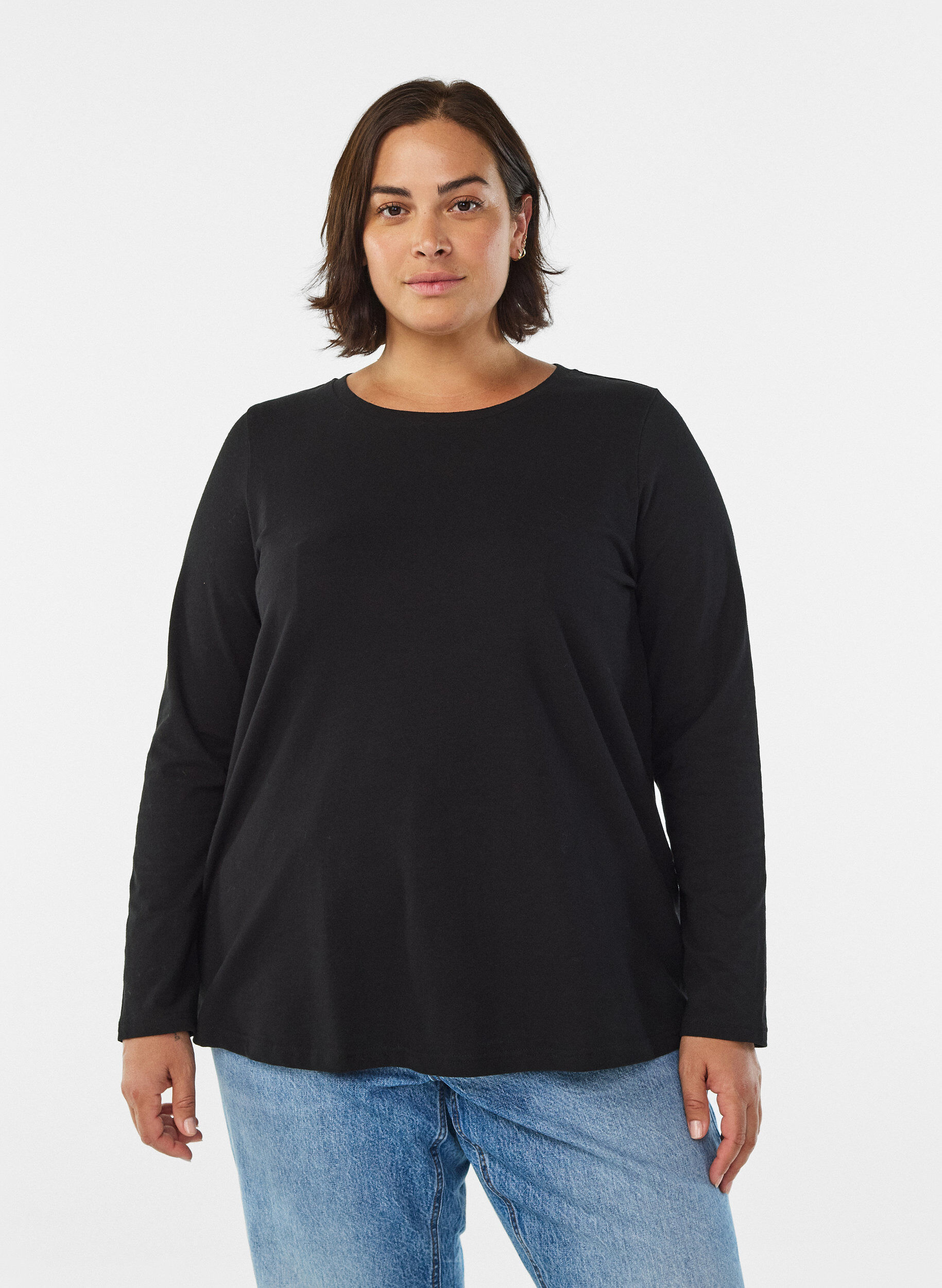 Basic Bluse aus Jersey mit langen &Auml;rmeln, Schwarz, Model