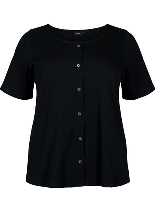 Kurzärmeliges geripptes T-Shirt mit Knöpfen, Black, Packshot image number 0
