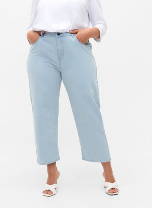 Straight Jeans mit Knöchellänge, Light Blue Stripe, Model image number 2