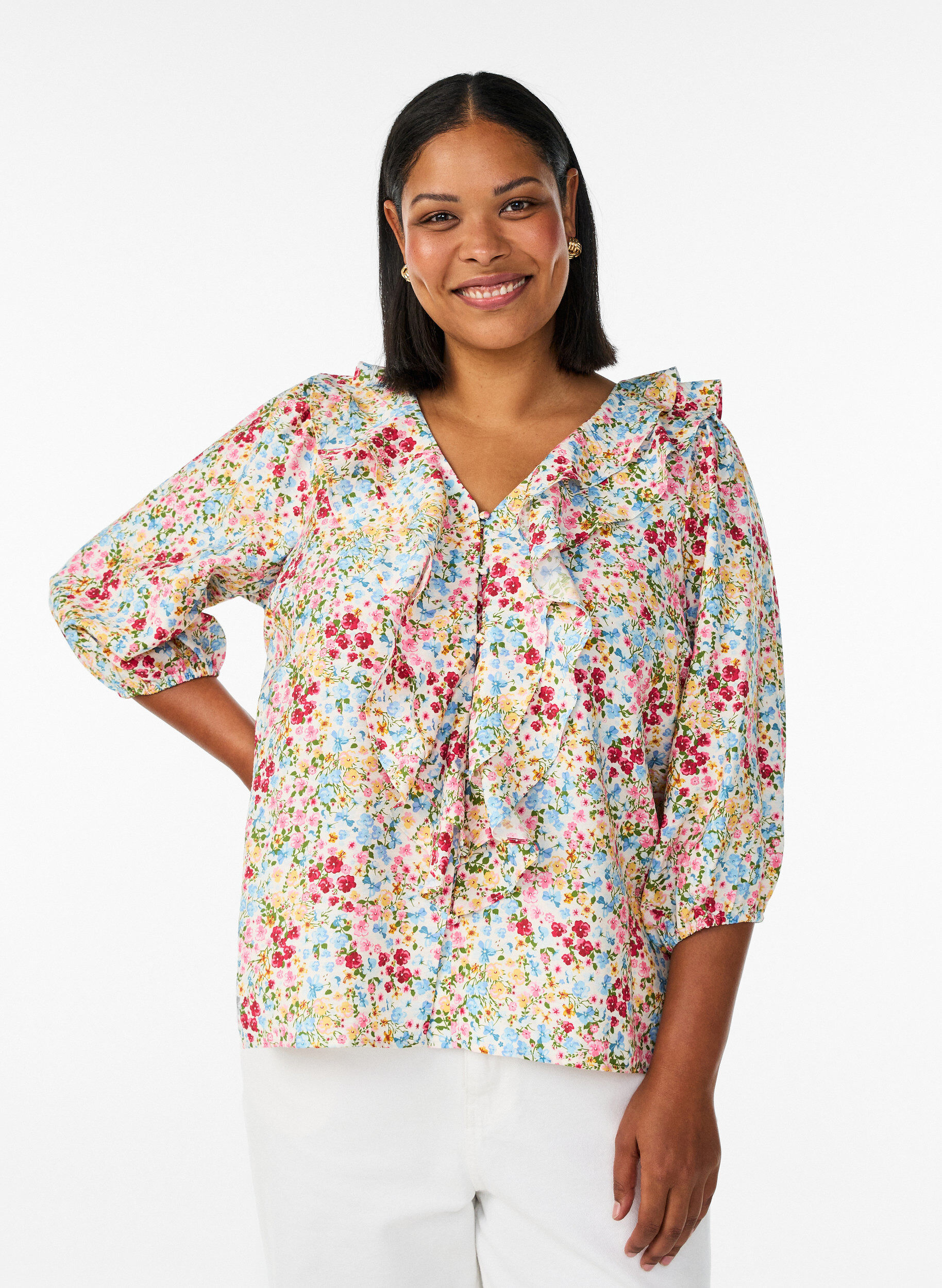 ZizziGebl&uuml;mte Bluse aus Viskose mit 3/4-&Auml;rmeln, Blau, Model image number 0