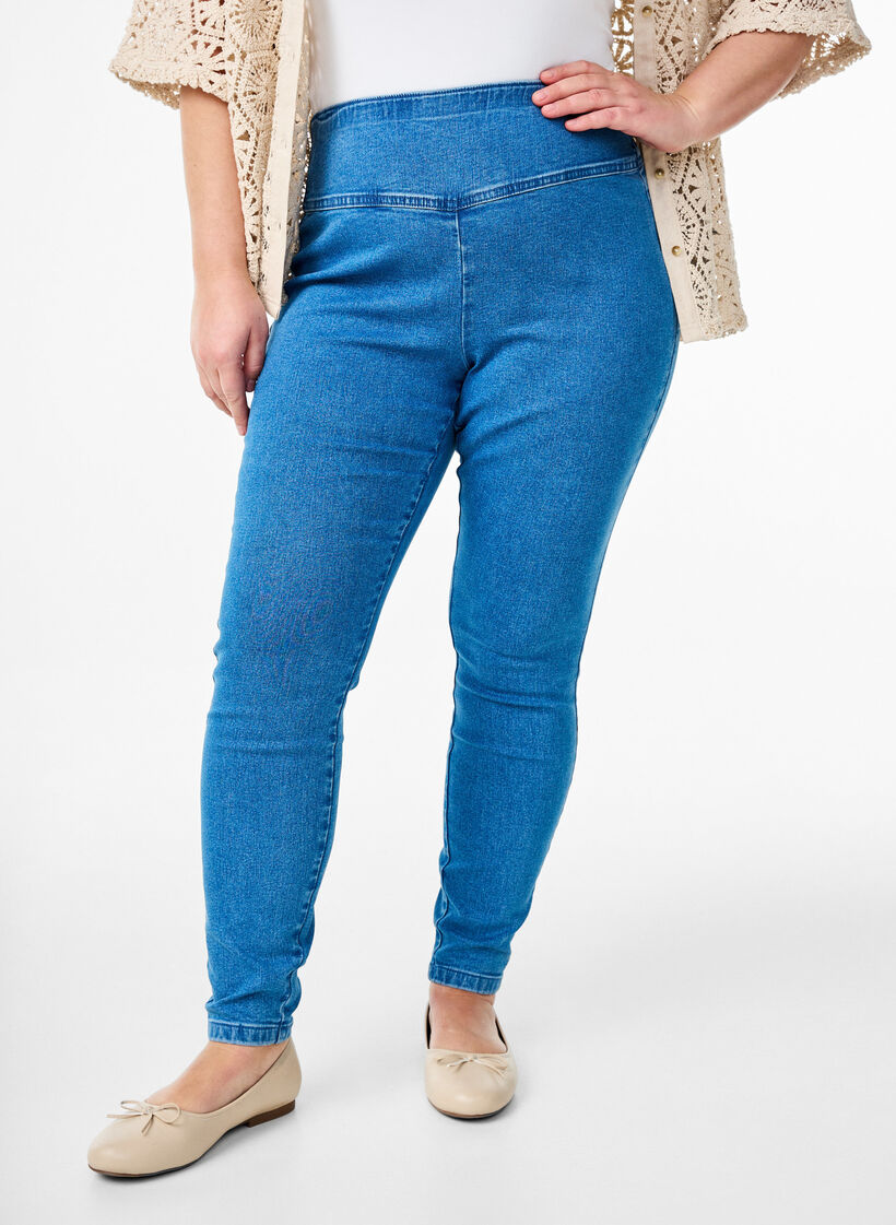 Elastische Jeggings mit hoher Taille, Blau, Model image number 2