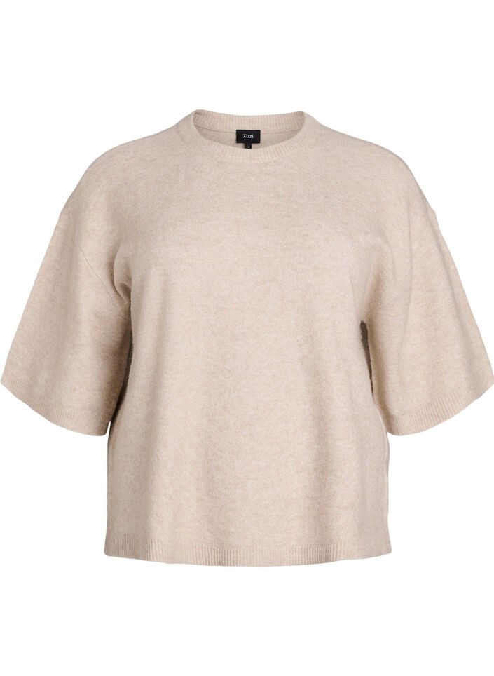 Locker sitzende Strickshirt mit kurzen &Auml;rmeln, Beige, Packshot image number 0