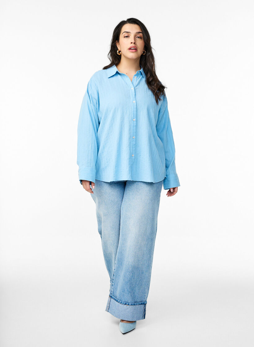 Lockere Bluse mit Streifenstruktur und Glitzerfaden, Blau, Model image number 1