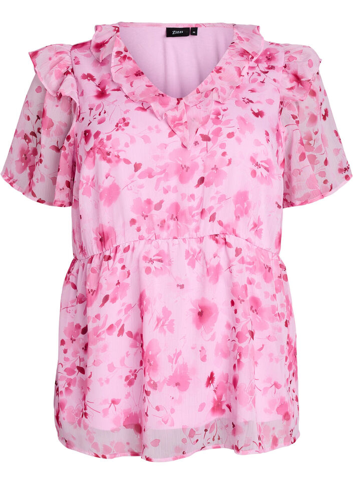 Gebl&uuml;mte Bluse mit R&uuml;schenkragen und Peplum-Effekt, Pink, Packshot image number 0