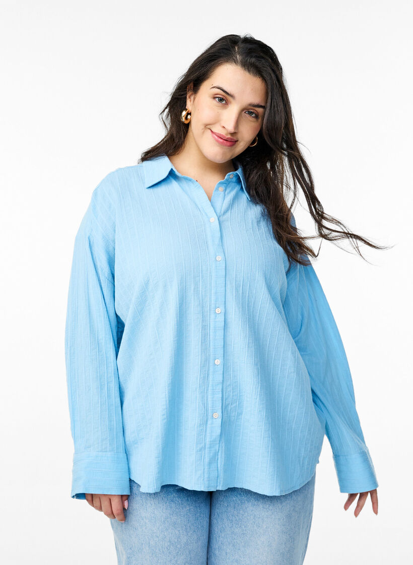 Lockere Bluse mit Streifenstruktur und Glitzerfaden, Blau, Model image number 0