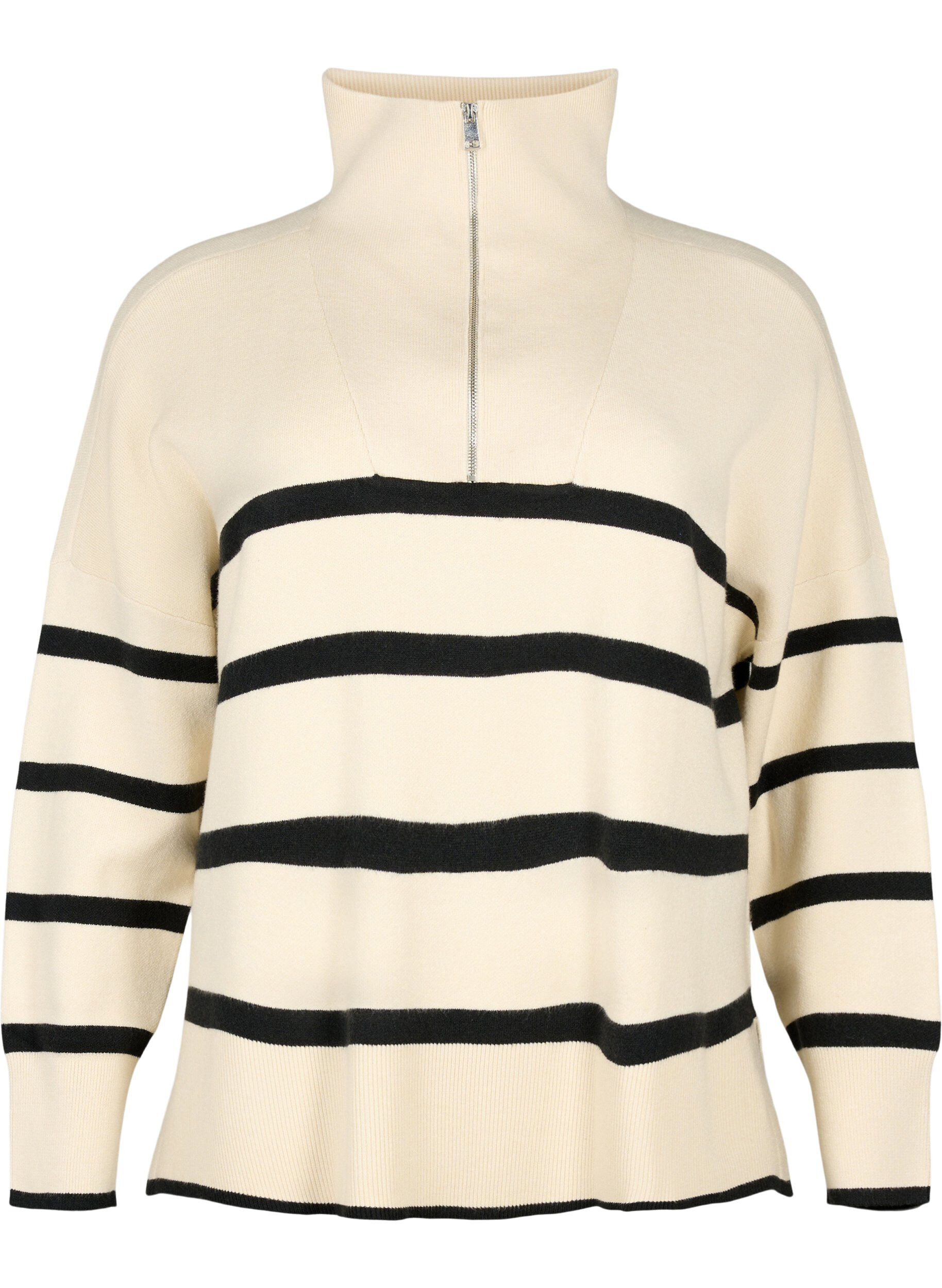Zizzi Pullover mit Streifen und hohem Kragen	, Birch w. Black, Packshot image number 0
