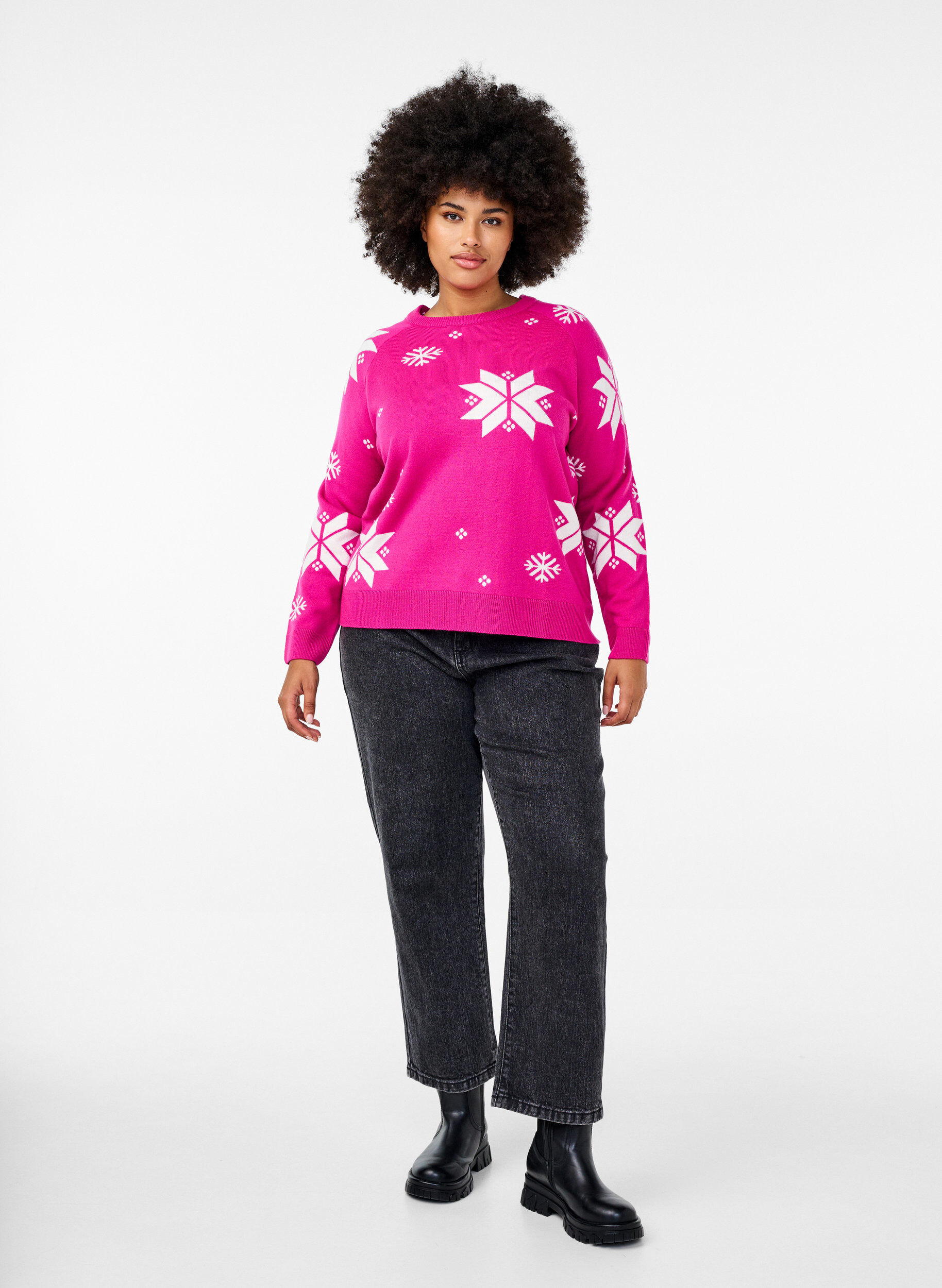 Zizzi Strickpullover mit Schneeflockenmuster, Pink, Model image number 1