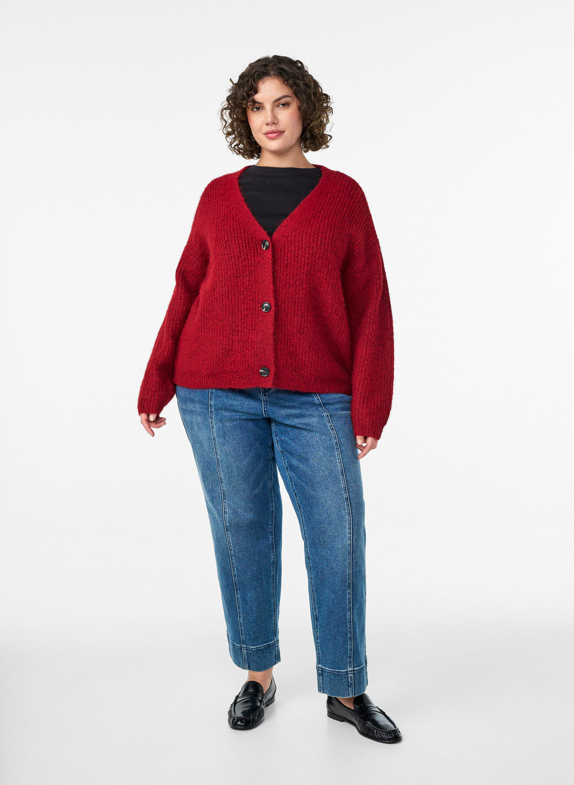 Zizzi Strickjacke mit V-Ausschnitt, Rot, Model image number 1