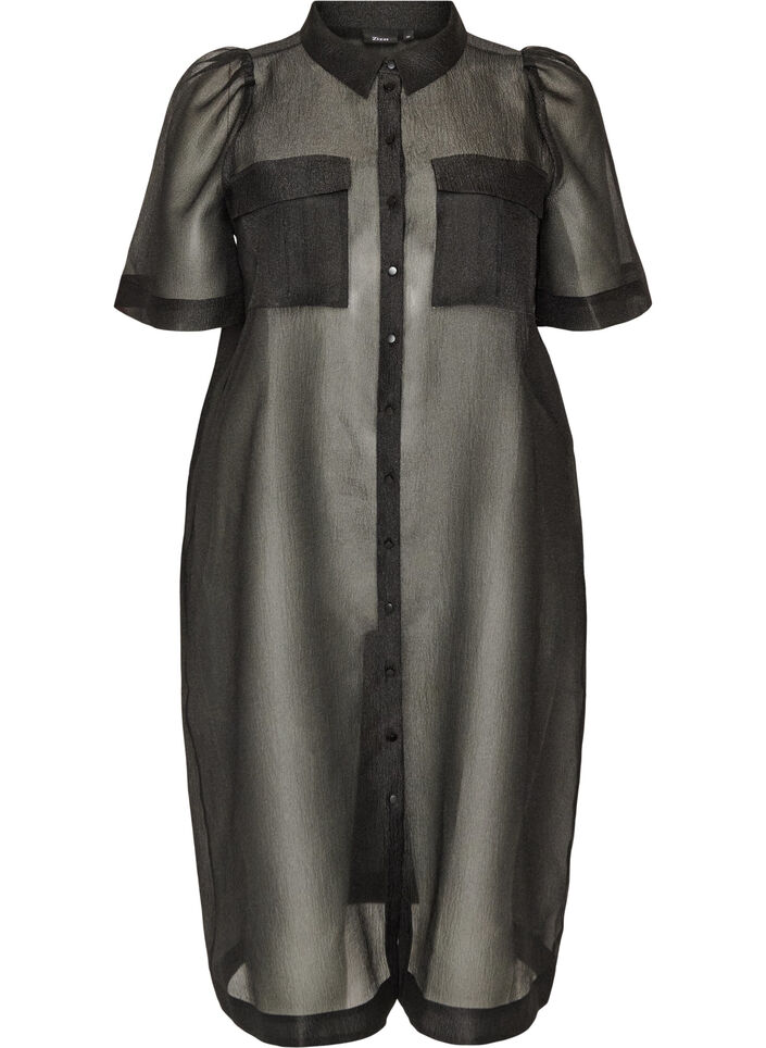 Kleid aus Organza mit Brusttaschen und Puff&auml;rmeln, Schwarz, Packshot image number 0