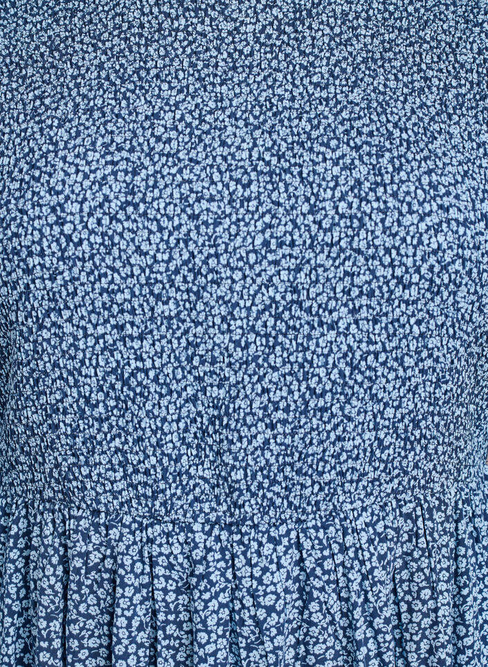 Kleid mit gesmoktem Oberteil und kleingebl&uuml;mtem Muster, Blau, Packshot image number 2