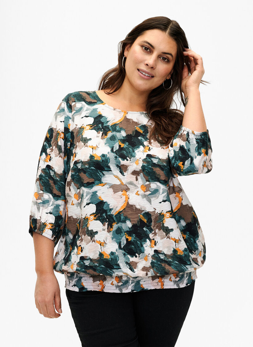 Gesmokte Bluse aus Viskose mit Print, Duck Gr. Forest AOP, Model image number 0
