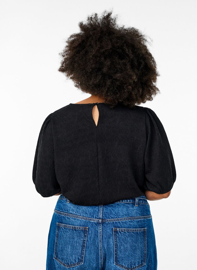 Strukturierte Bluse mit kurzen &Auml;rmeln, Schwarz, Model image number 2