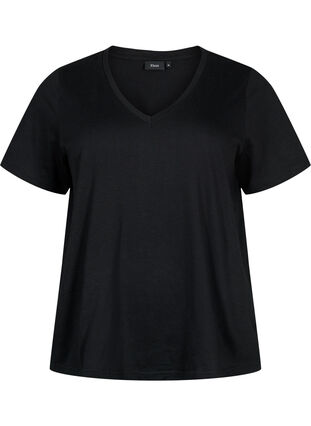 Kurzärmeliges Basic T-Shirt mit V-Ausschnitt, Black, Packshot image number 0