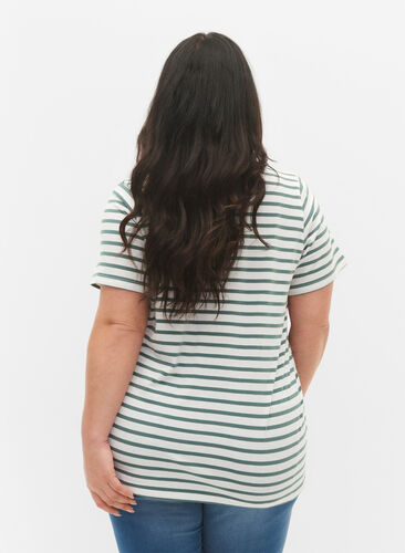 Baumwoll-T-Shirt mit Streifen und V-Ausschnitt, B.White/SeaP.Stripes, Model image number 1