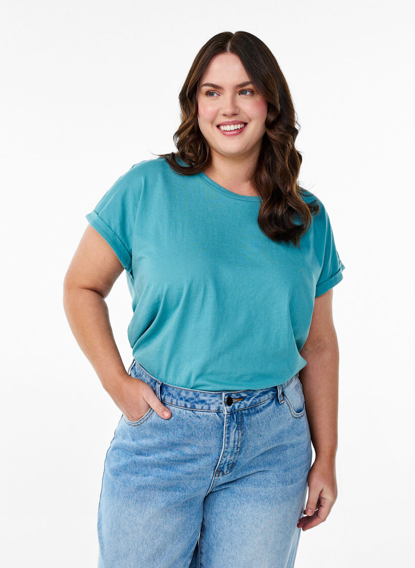 Kurz&auml;rmeliges T-Shirt aus einer Baumwollmischung, Blau, Model image number 0