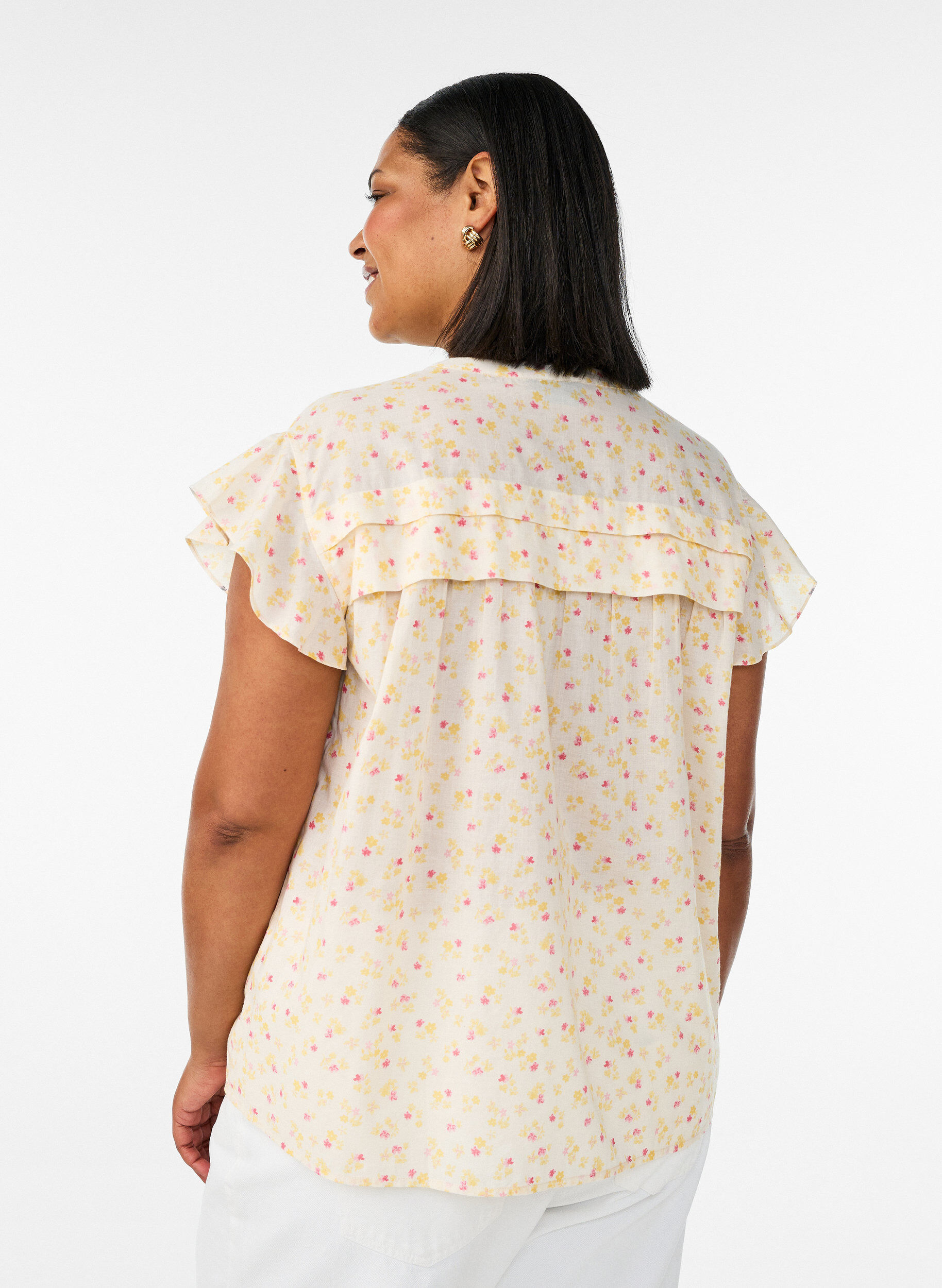 Zizzi&Auml;rmellose Hemdbluse in A-Linie aus Baumwolle, Gelb, Model image number 2