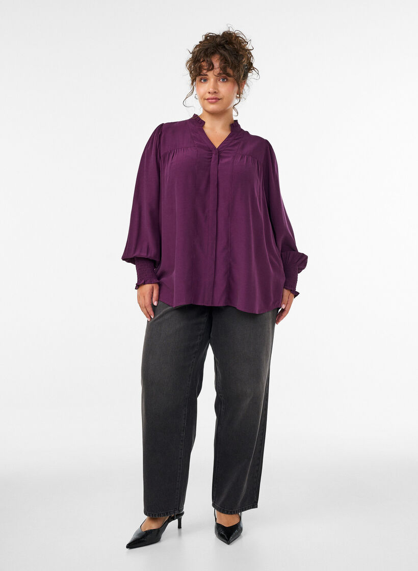 Bluse mit R&uuml;schenkragen und Raffung, Lila, Model image number 1