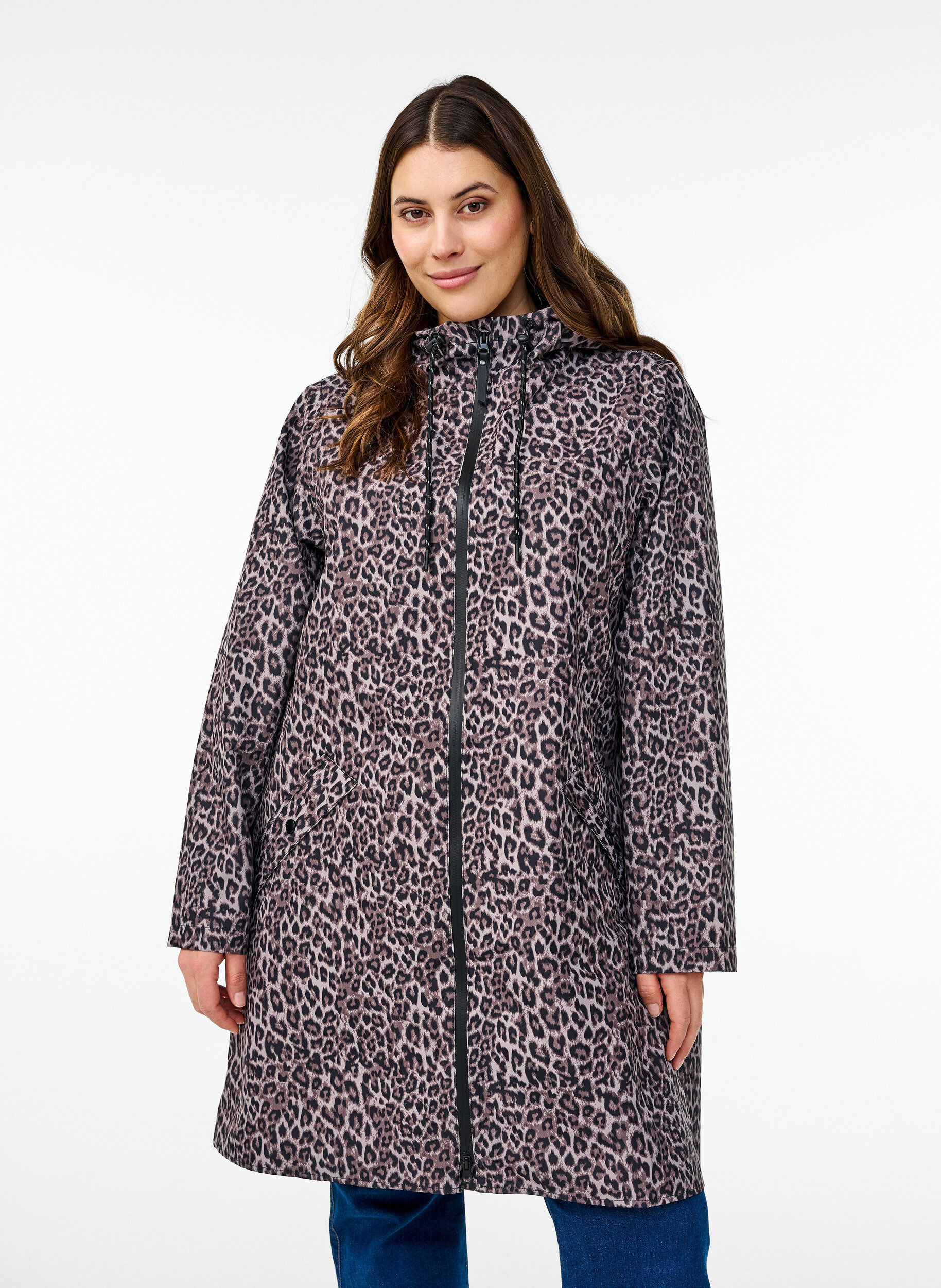 Zizzi Regenjacke mit Taschen und Kapuze, Braun, Model image number 0