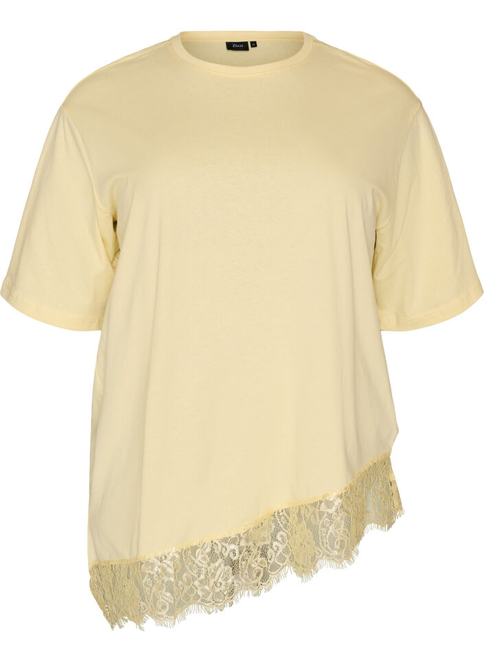 T-Shirt mit asymmetrischem Spitzensaum, Gelb, Packshot image number 0