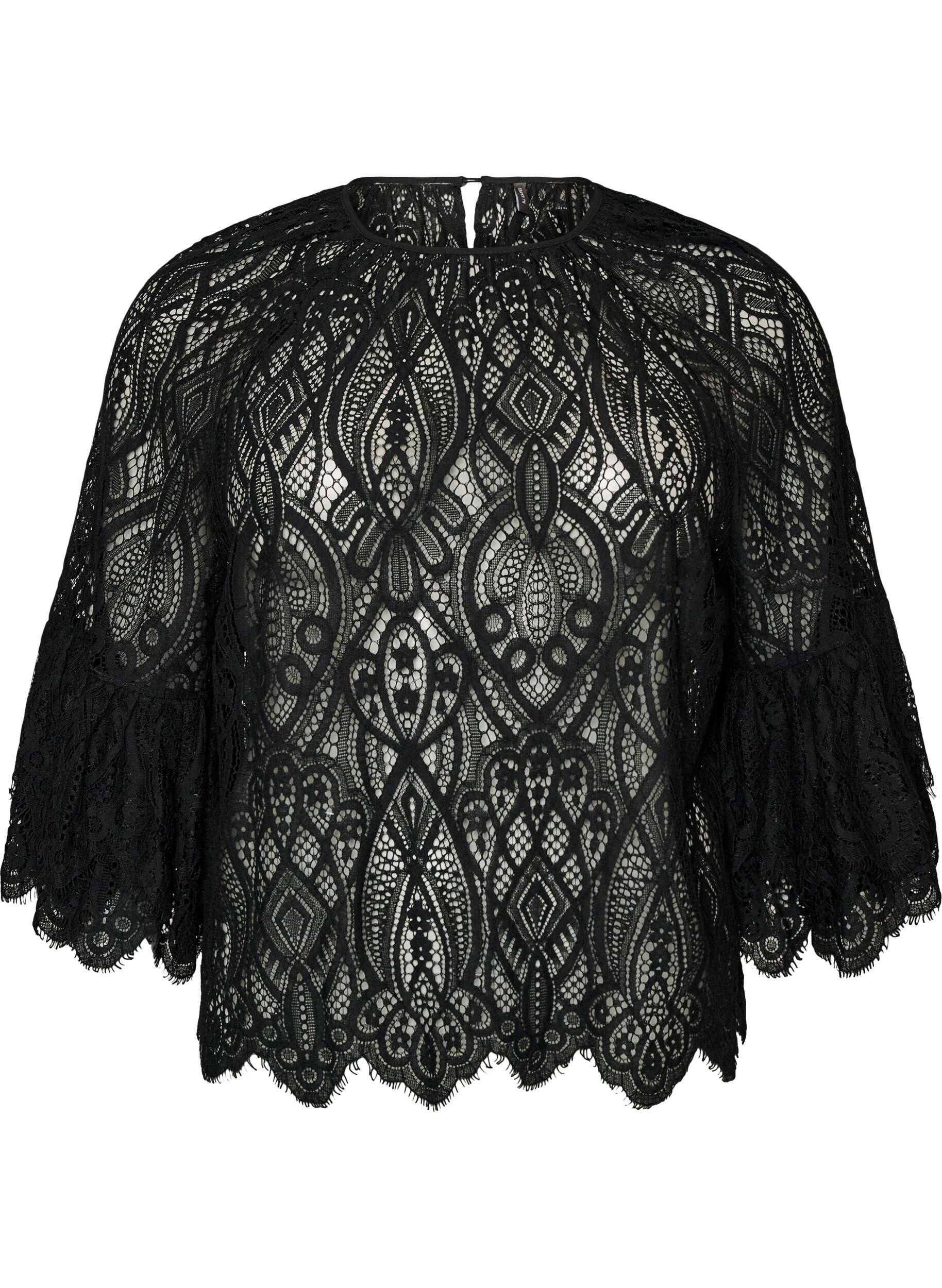 ZizziSpitzenbluse mit langen Trompeten&auml;rmeln und R&uuml;schen, Schwarz, Packshot image number 0