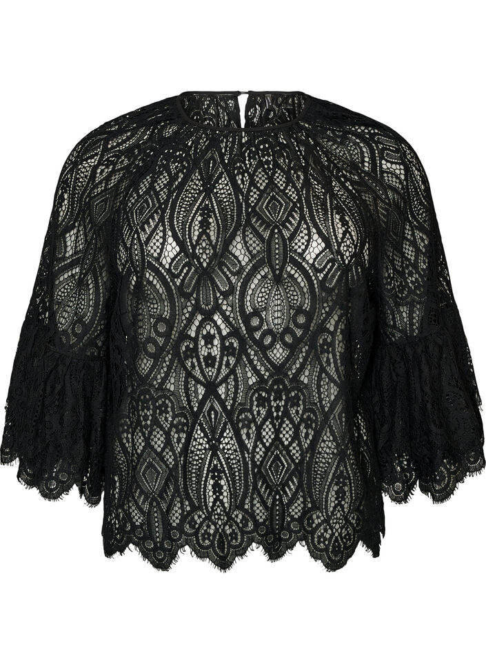 Spitzenbluse mit langen Trompeten&auml;rmeln und R&uuml;schen, Schwarz, Packshot image number 0