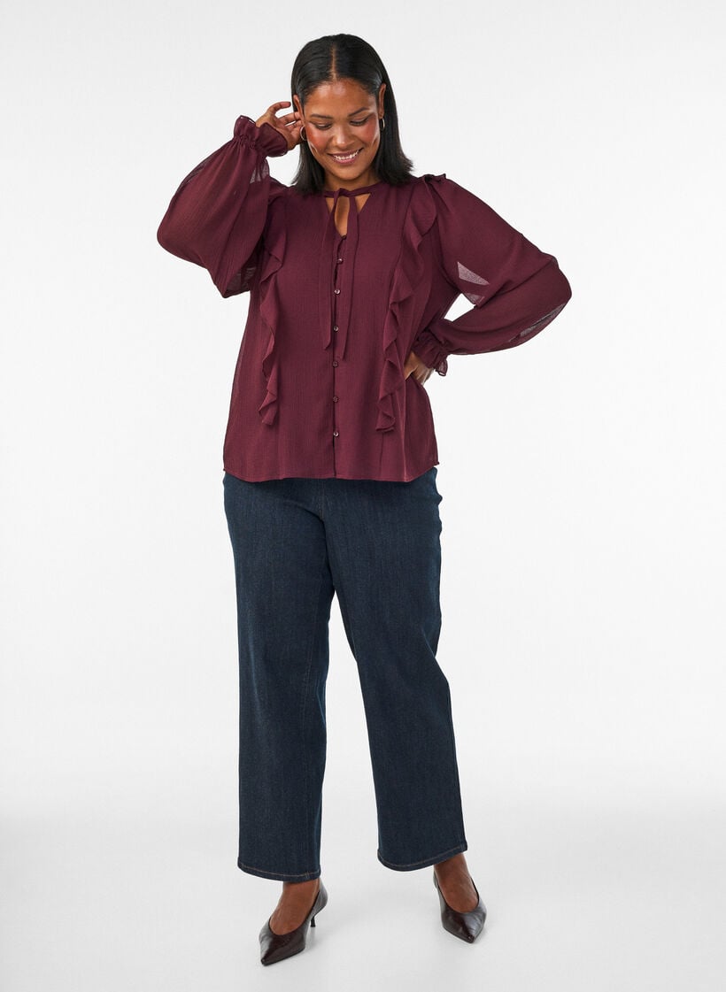 Transparente Bluse mit R&uuml;schen und Bindeband, Rot, Model image number 1