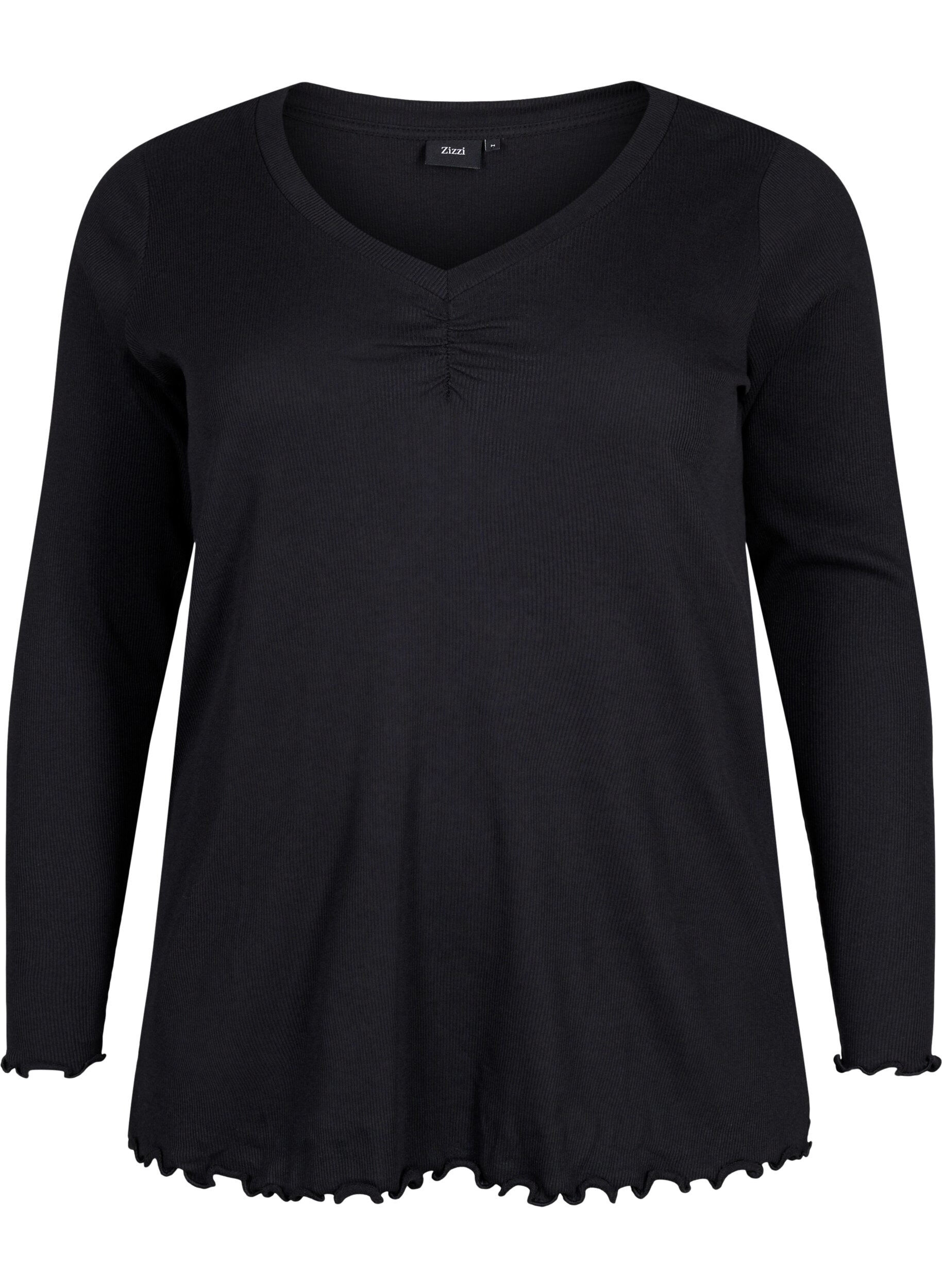 Zizzi Gerippte Bluse mit langen &Auml;rmeln und V-Ausschnitt, Black, Packshot image number 0