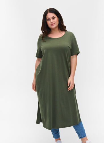 T-Shirt-Kleid aus Baumwolle mit Schlitz, Thyme, Model image number 0