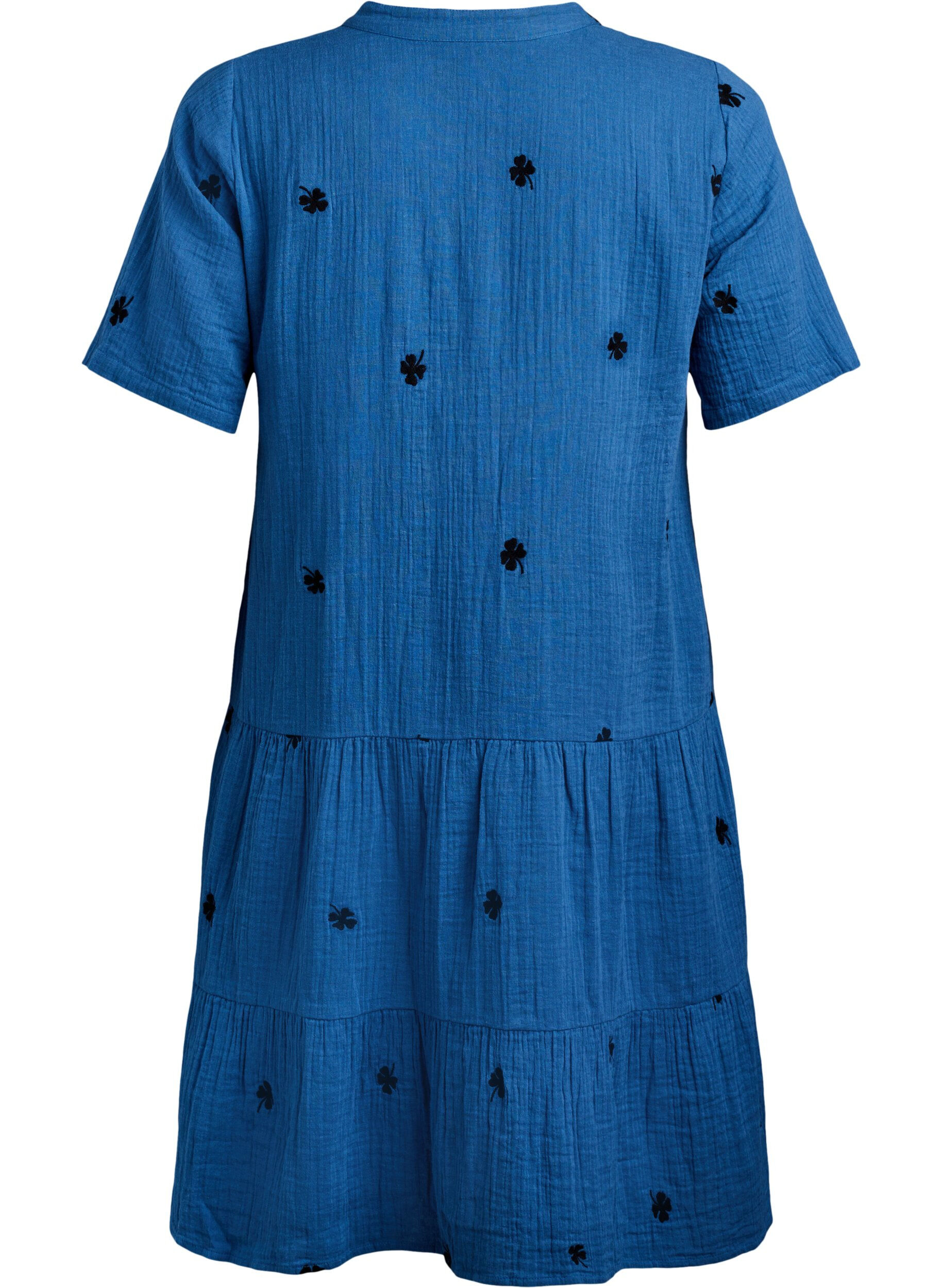 Zizzi Kleines Kleid aus Baumwollmusselin mit gestickten Blumen, Blau, Packshot image number 1