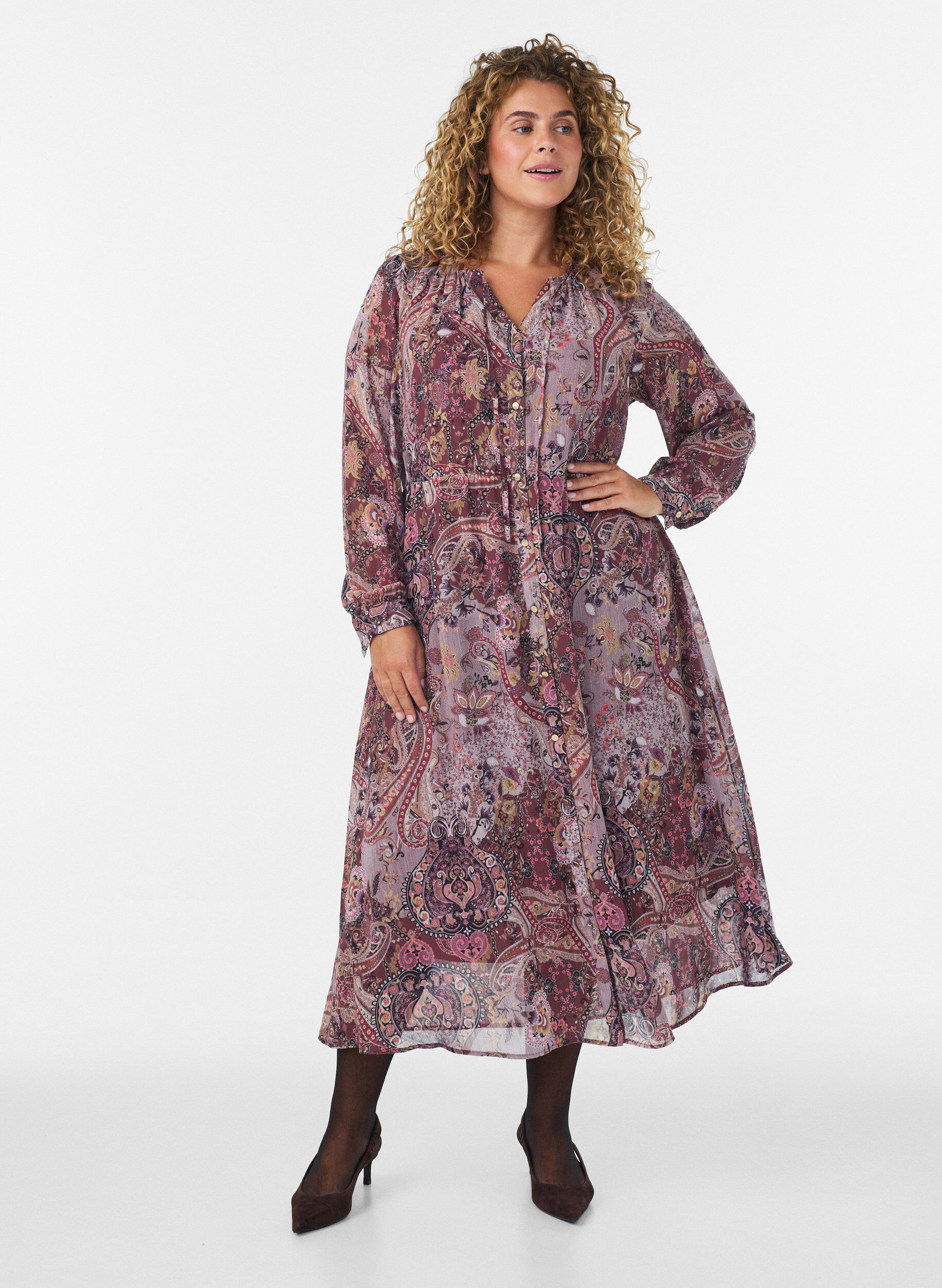 Midikleid mit Paisley-Muster und elastischem Bund, Lila, Model