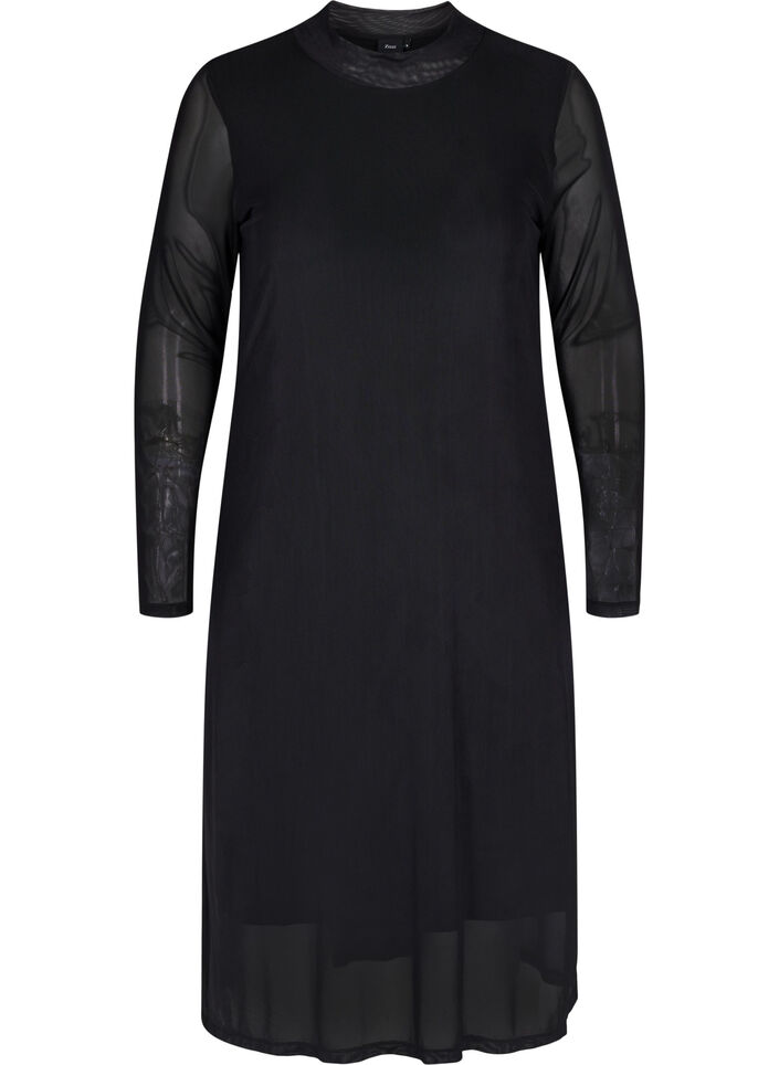 Langarm Midi-Kleid in Mesh, Black, Packshot image number 0