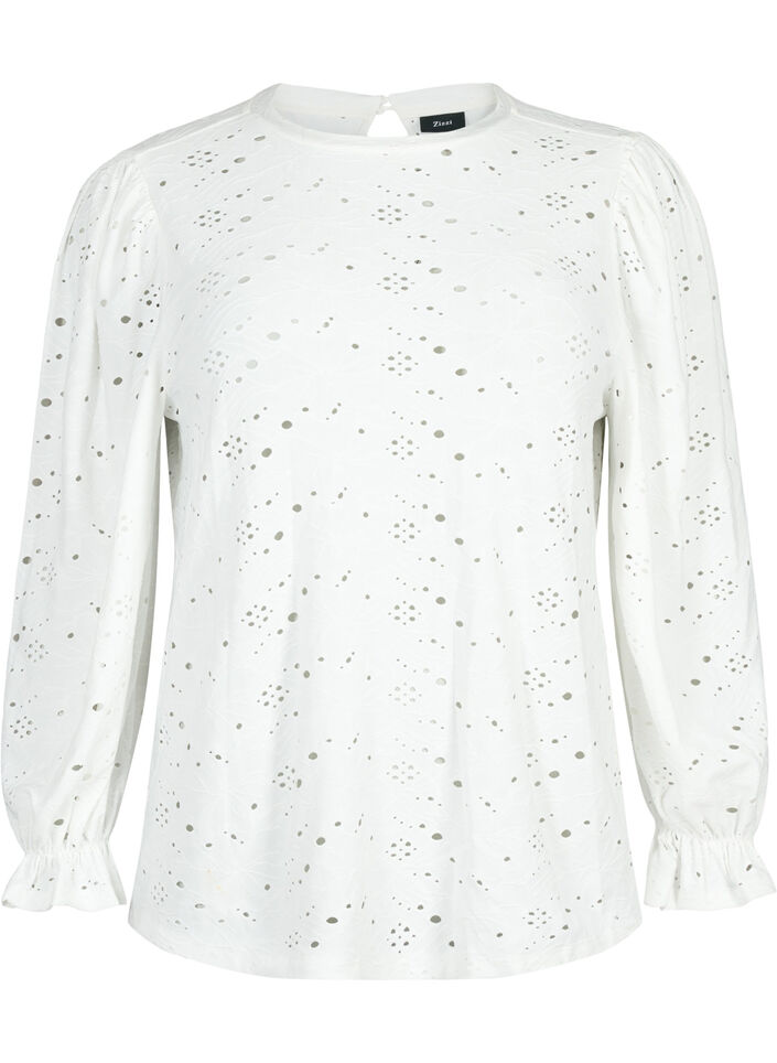  Lang&auml;rmlige Bluse mit Lochmuster, Bright White, Packshot image number 0
