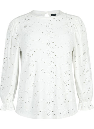  Langärmlige Bluse mit Lochmuster, Bright White, Packshot image number 0