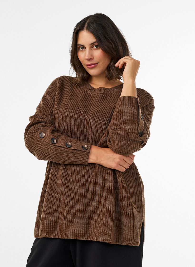 Strickbluse mit Rippstruktur und Knopfdetails, Braun, Model image number 0