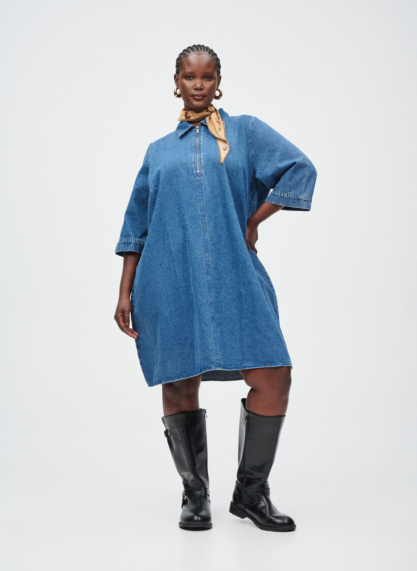 Kurzes Denim-Kleid mit Rei&szlig;verschluss und 3/4-&Auml;rmeln, Blau, Image image number 0