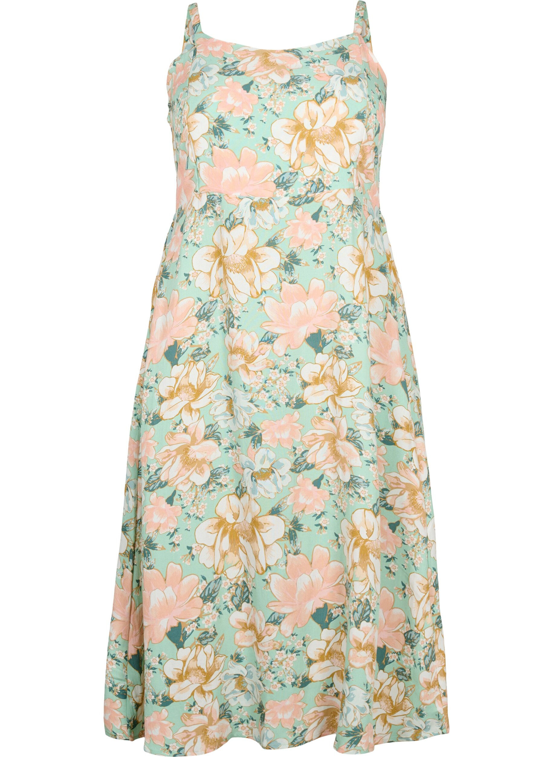 Zizzi Gebl&uuml;mtes Tr&auml;gerkleid aus Viskose mit Smok, Green Flower, Packshot image number 0