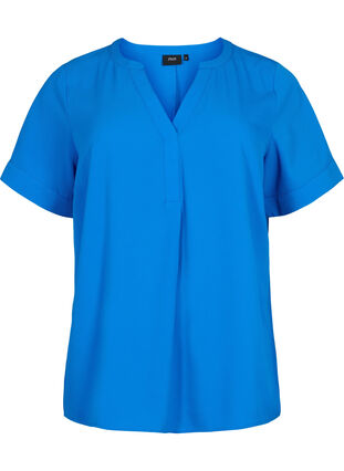Kurzärmelige Bluse mit V-Ausschnitt, Victoria blue, Packshot image number 0