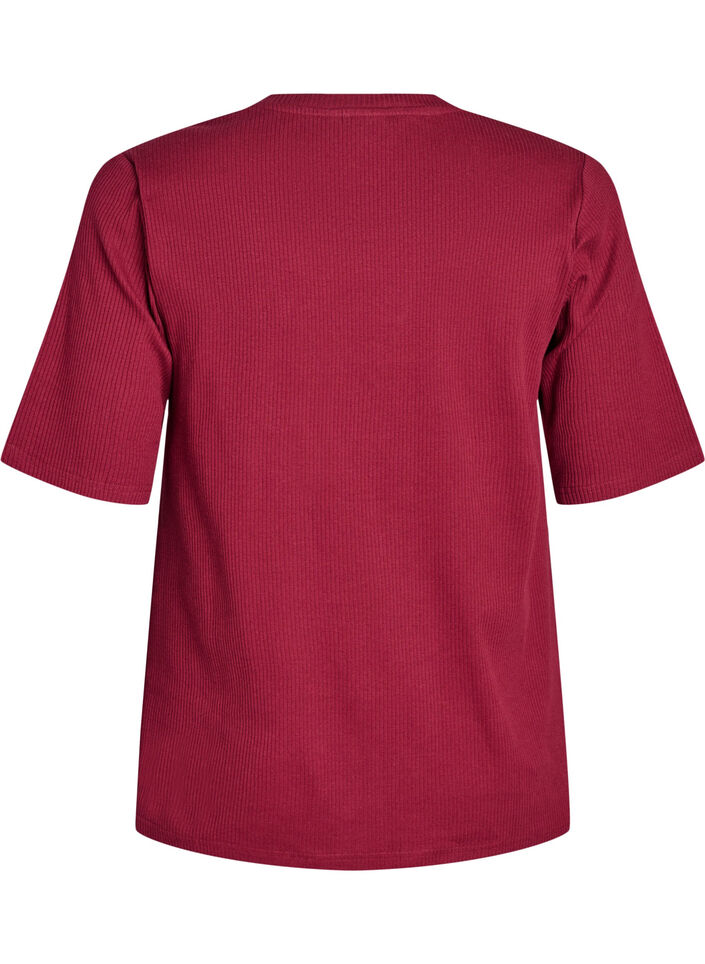 Bluse aus geripptem Jersey mit kurzen Ärmeln, Dunkles Bordeaux, Packshot image number 1