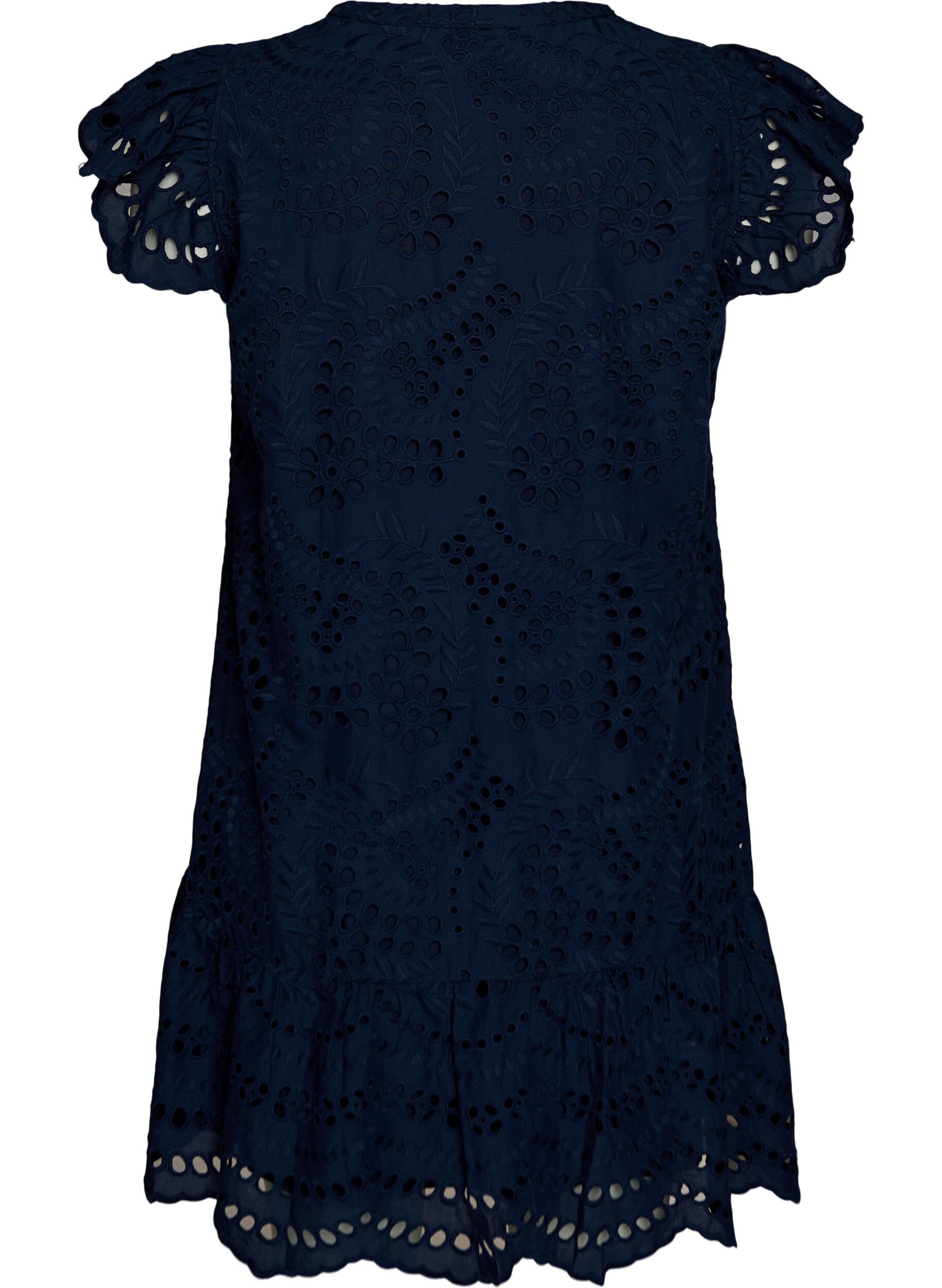 Zizzi Kleid aus Broderie Anglaise mit R&uuml;schen&auml;rmeln, Blau, Packshot image number 1