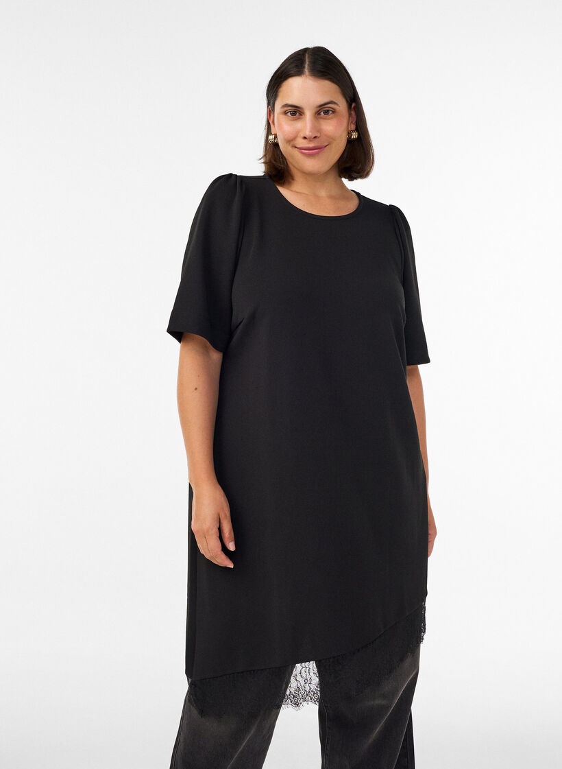 Tunika mit asymmetrischem Spitzenbesatz, Schwarz, Model image number 0