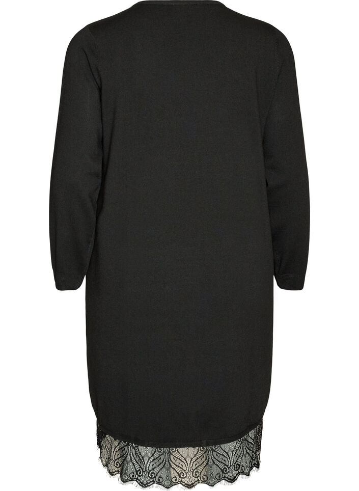Kurzes Kleid aus Strick mit Spitzensaum, Schwarz, Packshot image number 1