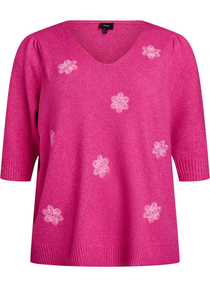 Gestrickte Bluse mit gestickten Blumen, R. Rose Mel. Comb, Packshot image number 0