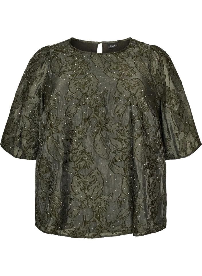 Jacquardbluse mit funkelnden Details und Puff&auml;rmeln, Gr&uuml;n, Packshot image number 0