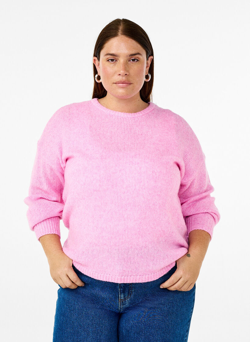 Langärmliger Strickpullover mit Wollanteil und Rundhalsausschnitt, Begonia Pink Mel., Model image number 0