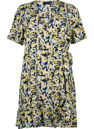 Wickelkleid mit Print und kurzen Ärmeln, Blazing Yellow AOP, Packshot image number 0