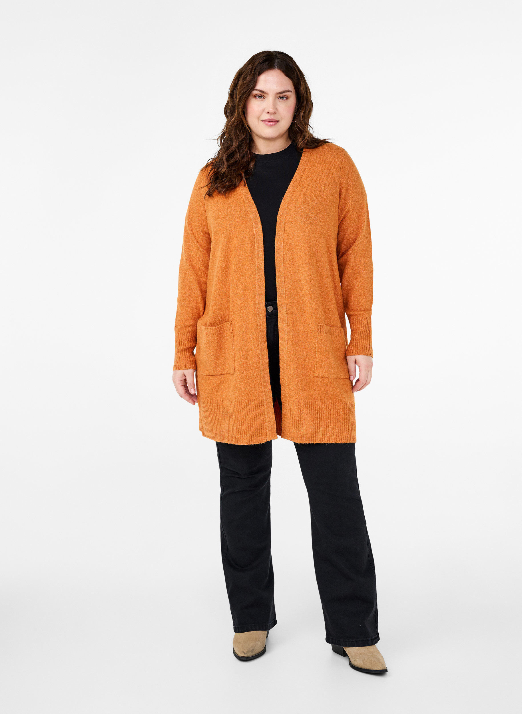 Zizzi Strickjacke mit Rippenstrick und Taschen, Orange, Model image number 1