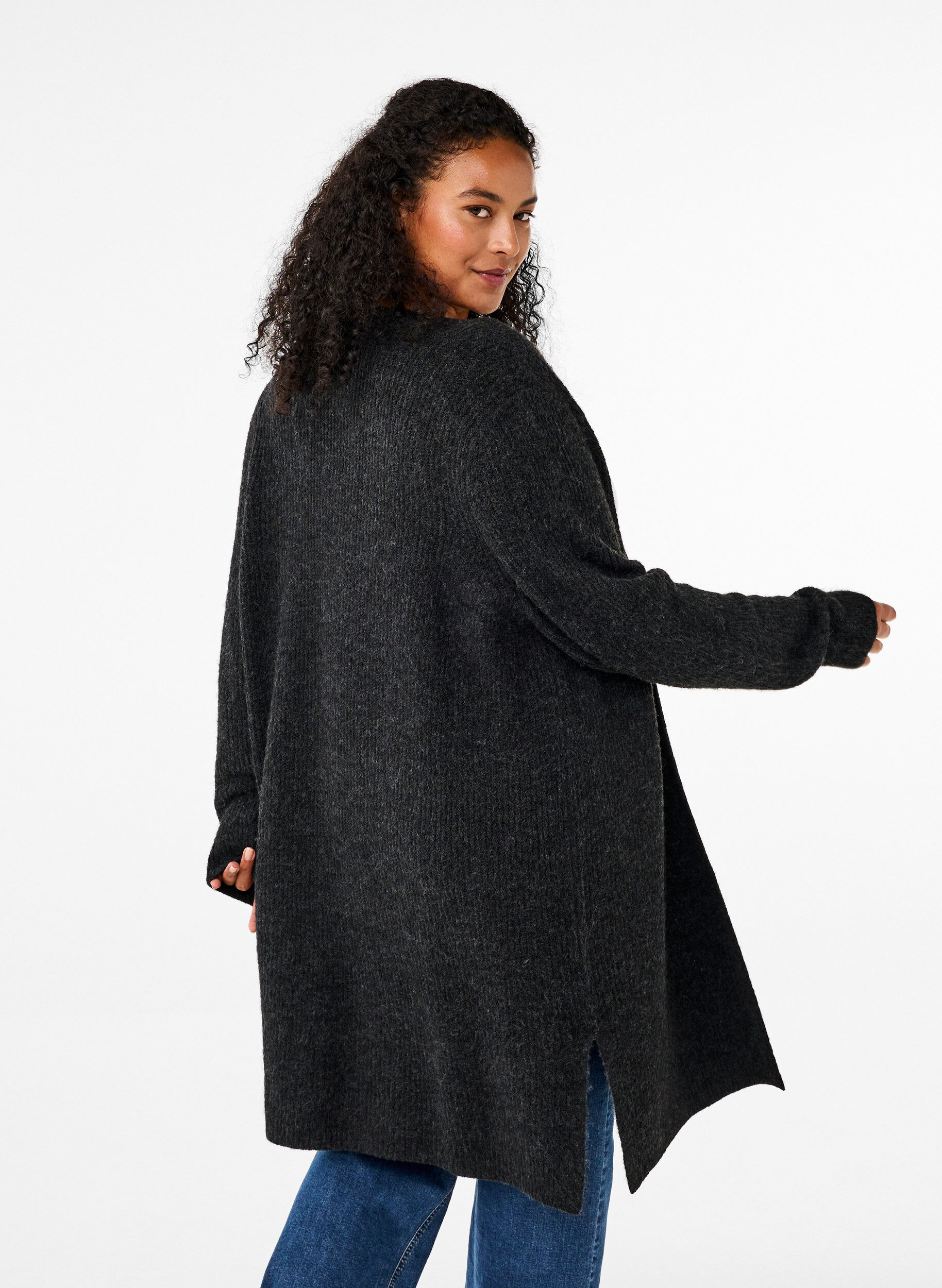 Zizzi FLASH - Gerippter Cardigan mit Schlitzen, Dark Grey Melange, Model image number 1